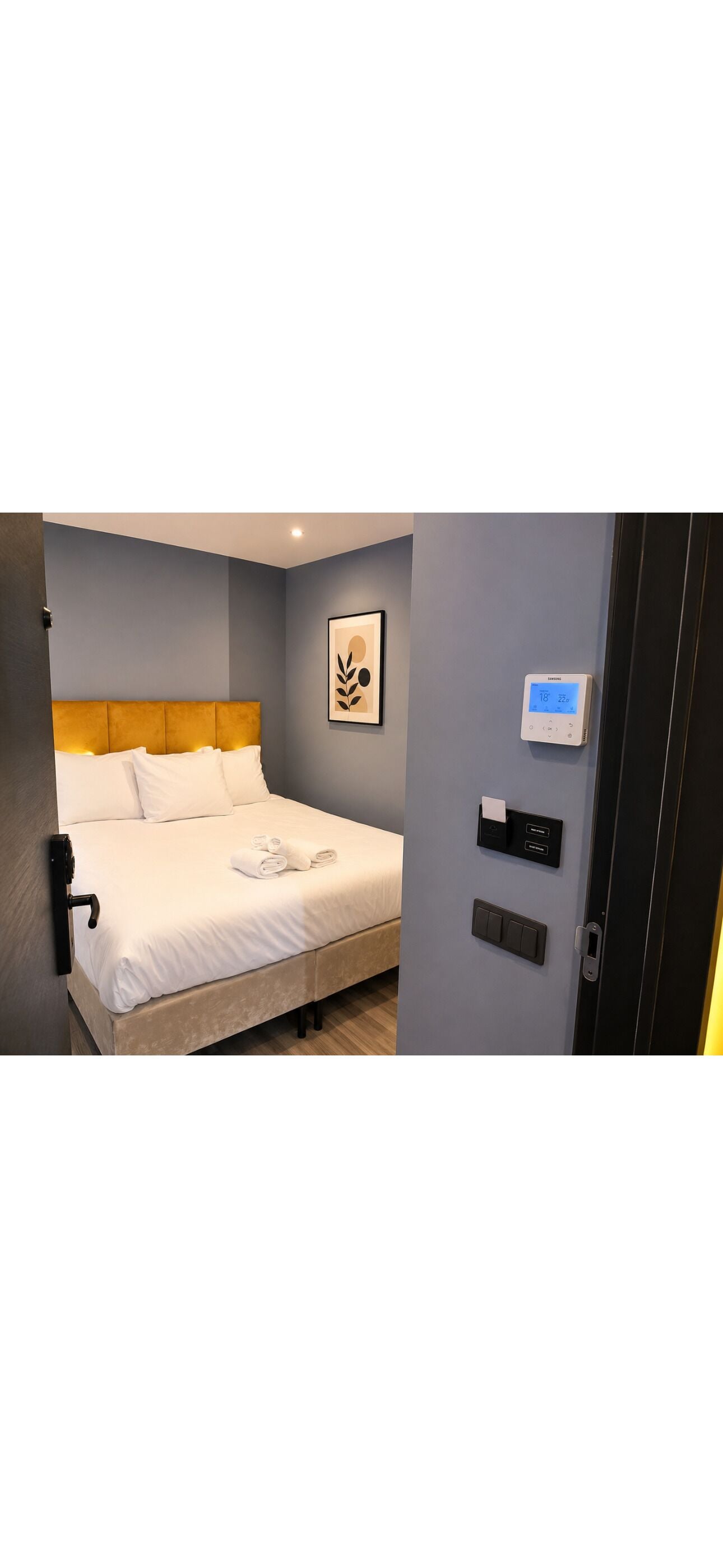 A modern hotel room with a bed, a wall-mounted thermostat, a door with a handle, and a framed picture on the wall.