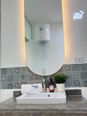 A bathroom with a white sink, a mirror, a towel, a bottle, and a potted plant.