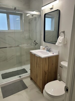 Dusche, Haartrockner, Handtücher, Seife