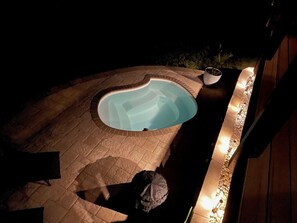 Ein Swimmingpool mit Ziegelbordura, umgeben von einer Terrasse mit Blumentöpfen und Außenbeleuchtung.