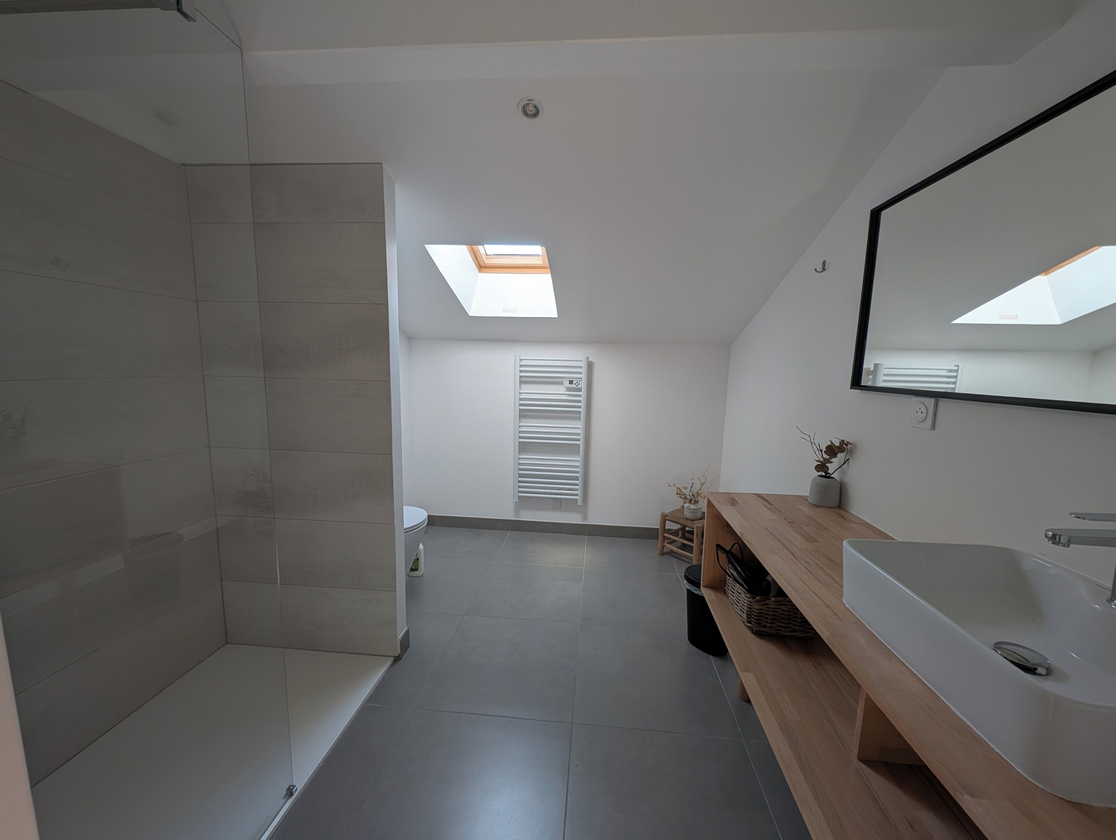 A modern bathroom with a skylight, a toilet, a sink, and a mirror.