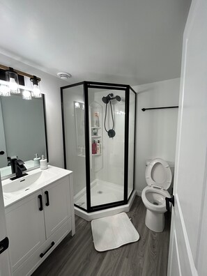 Dusche, Haartrockner, Handtücher, Seife