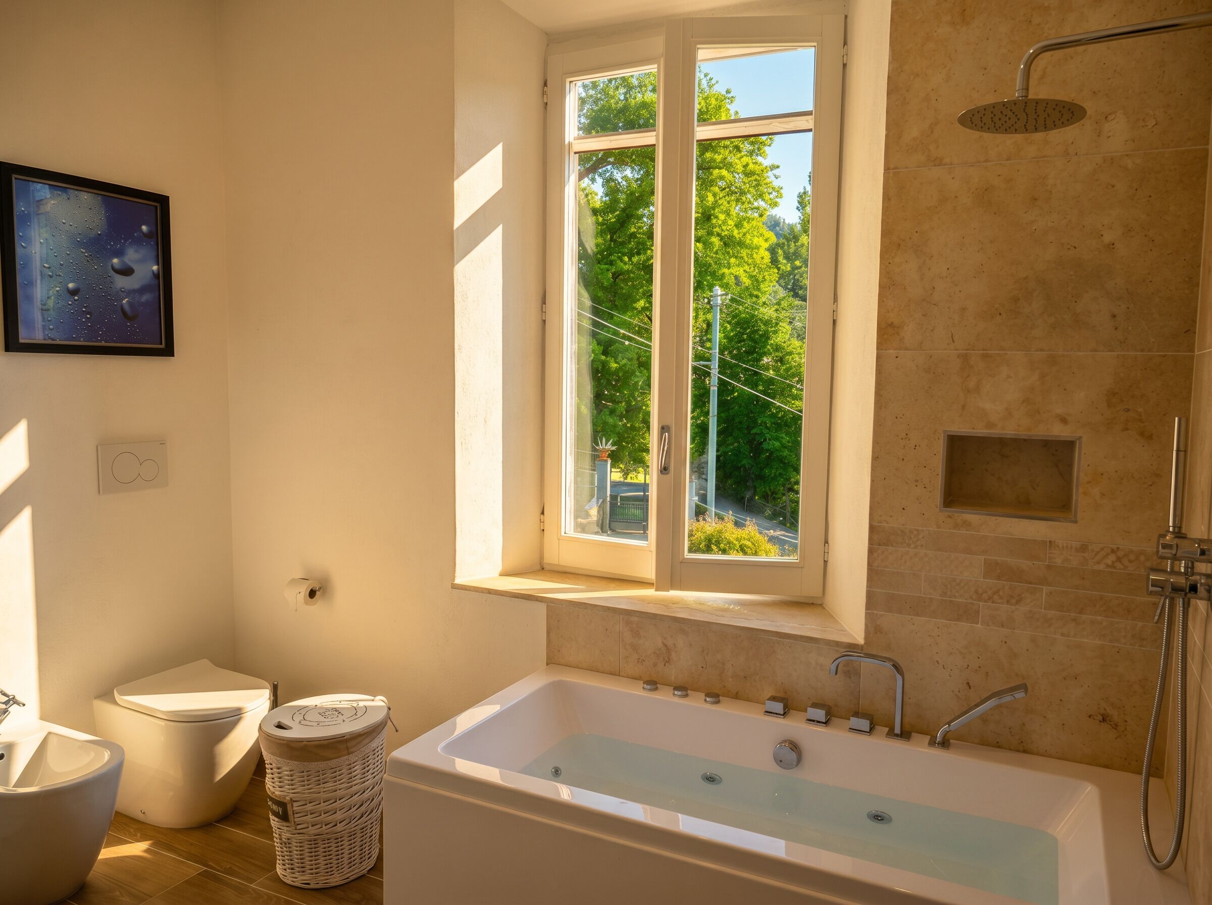 Baignoire à jets, sèche-cheveux, bidet, serviettes fournies