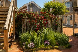 A wooden fence with climbing plants and flowers, a bicycle, and a brick pathway. - *NEW* Waterfront Studio - Bay Views, Steps to Comm St (Provincetown)