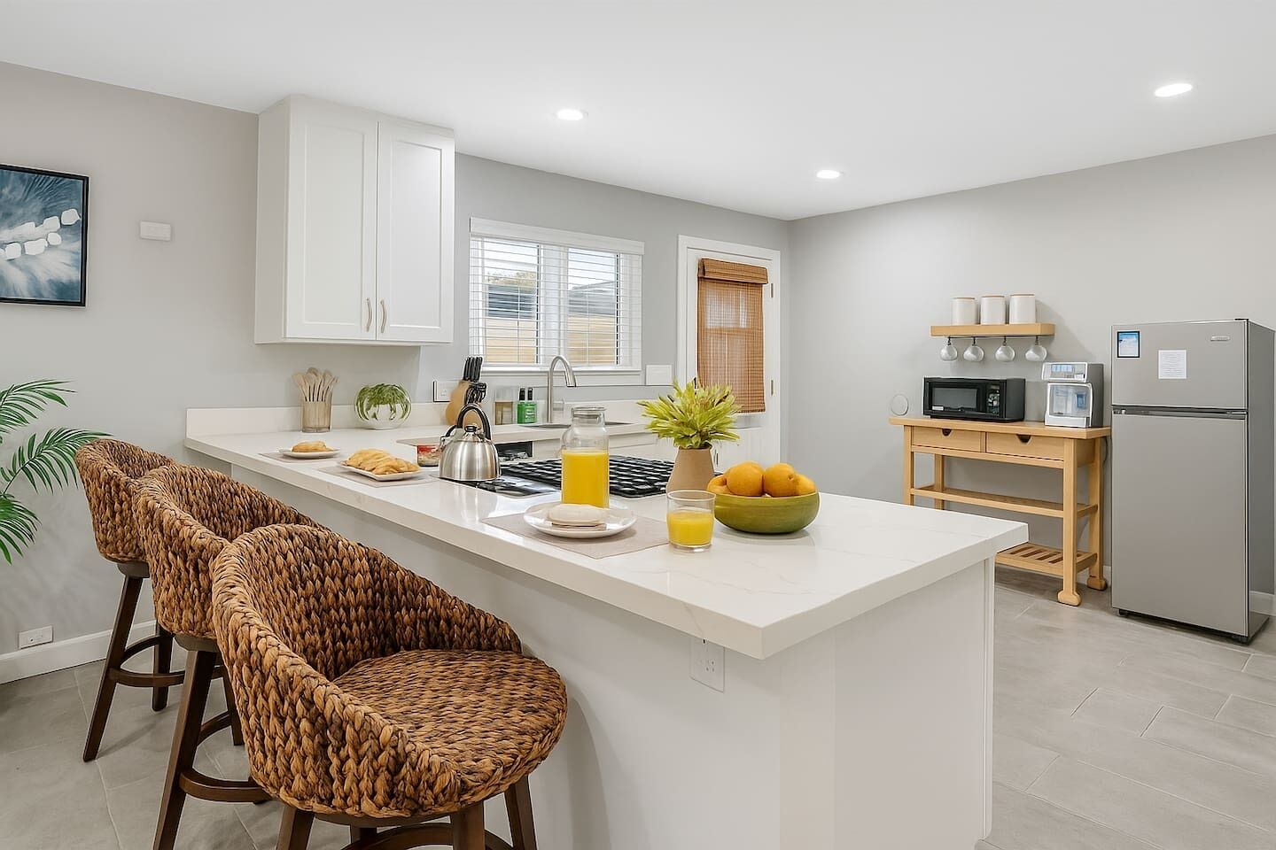 Una cocina moderna con una isla central, taburetes de bar, un refrigerador y un microondas.