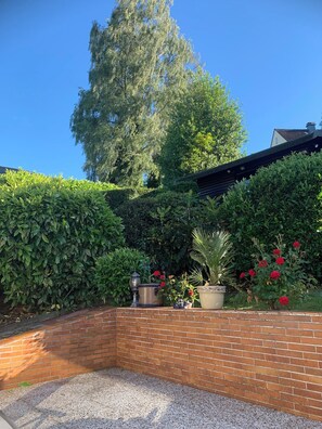 A brick wall, a gravel area, and a variety of plants including a large tree, a bush, and flowering plants.