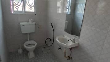 Shower, towels, soap, toilet paper