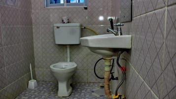 Shower, towels, soap, toilet paper