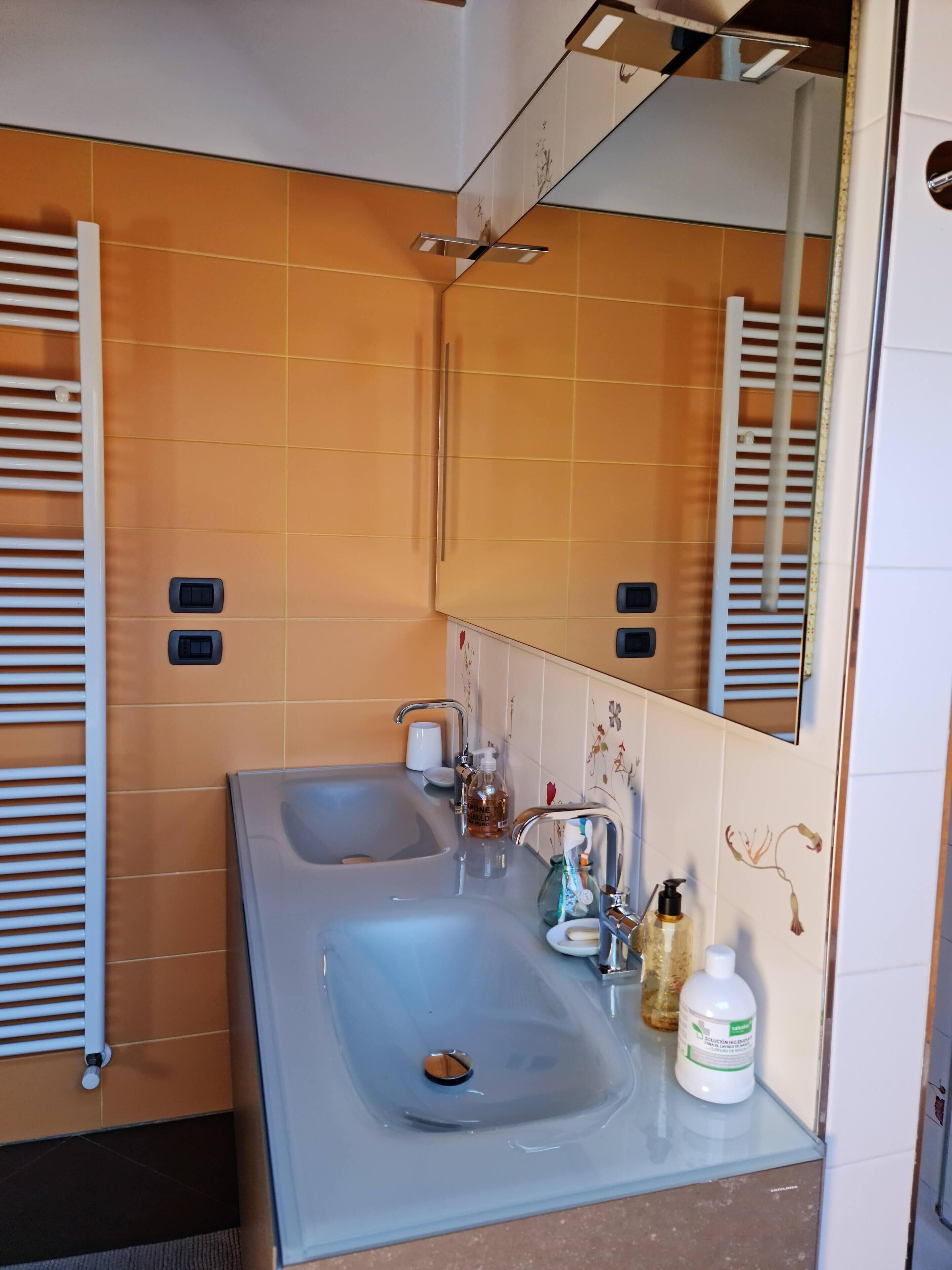 A bathroom with two sinks, a mirror, and a towel rack.