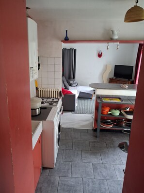 A compact living space with a kitchenette, a bed, a television, and a dining area. - Quiet apartment with garden (Toulouse)