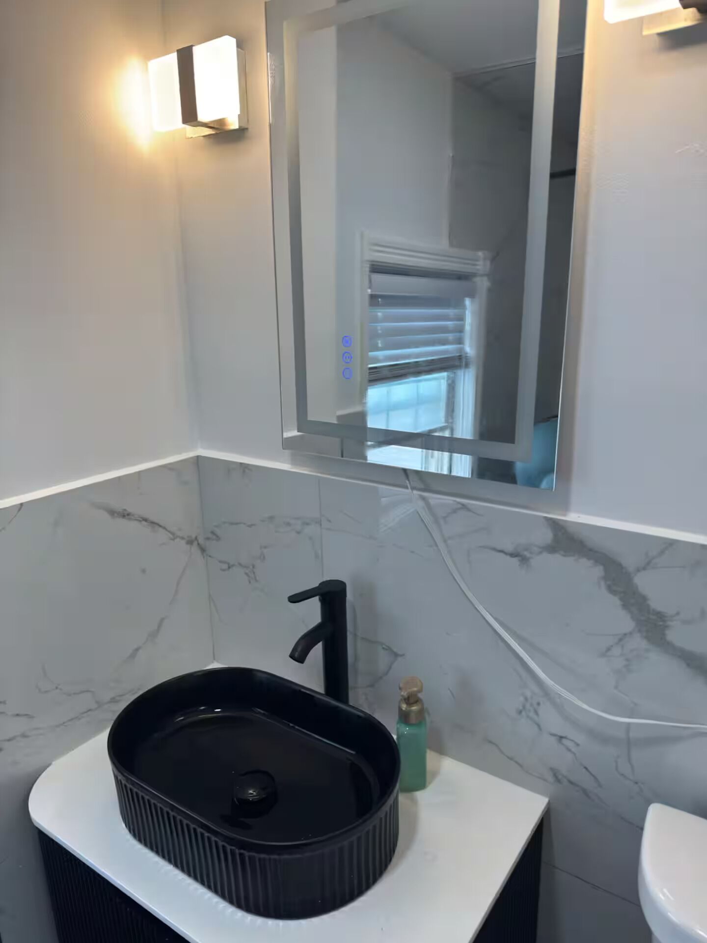 Hair dryer, towels, soap, toilet paper