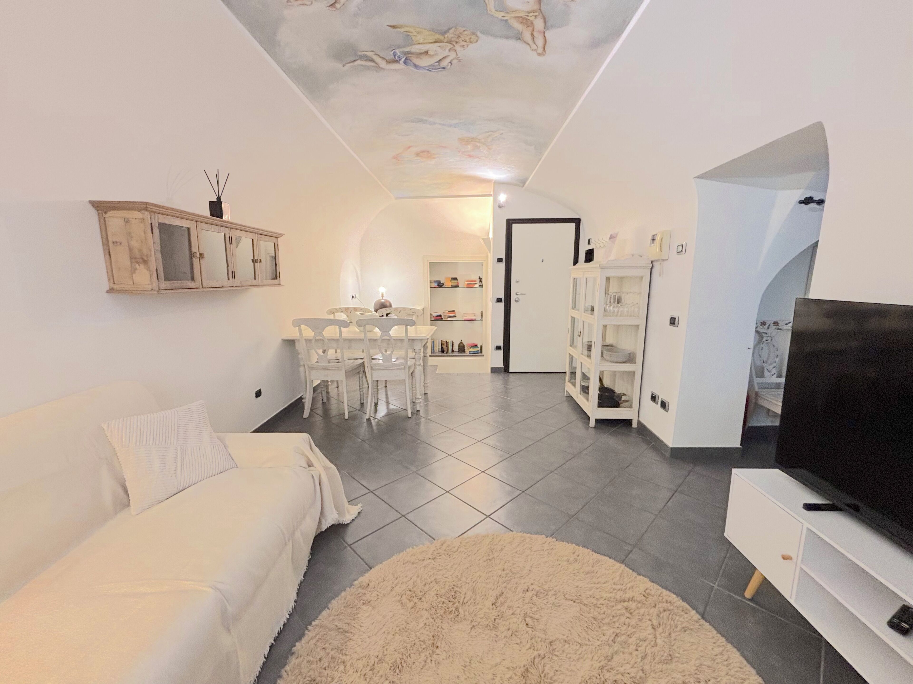 A living room with a white sofa, a TV, a fluffy rug, a dining area with a table and chairs, and a kitchen in the background.