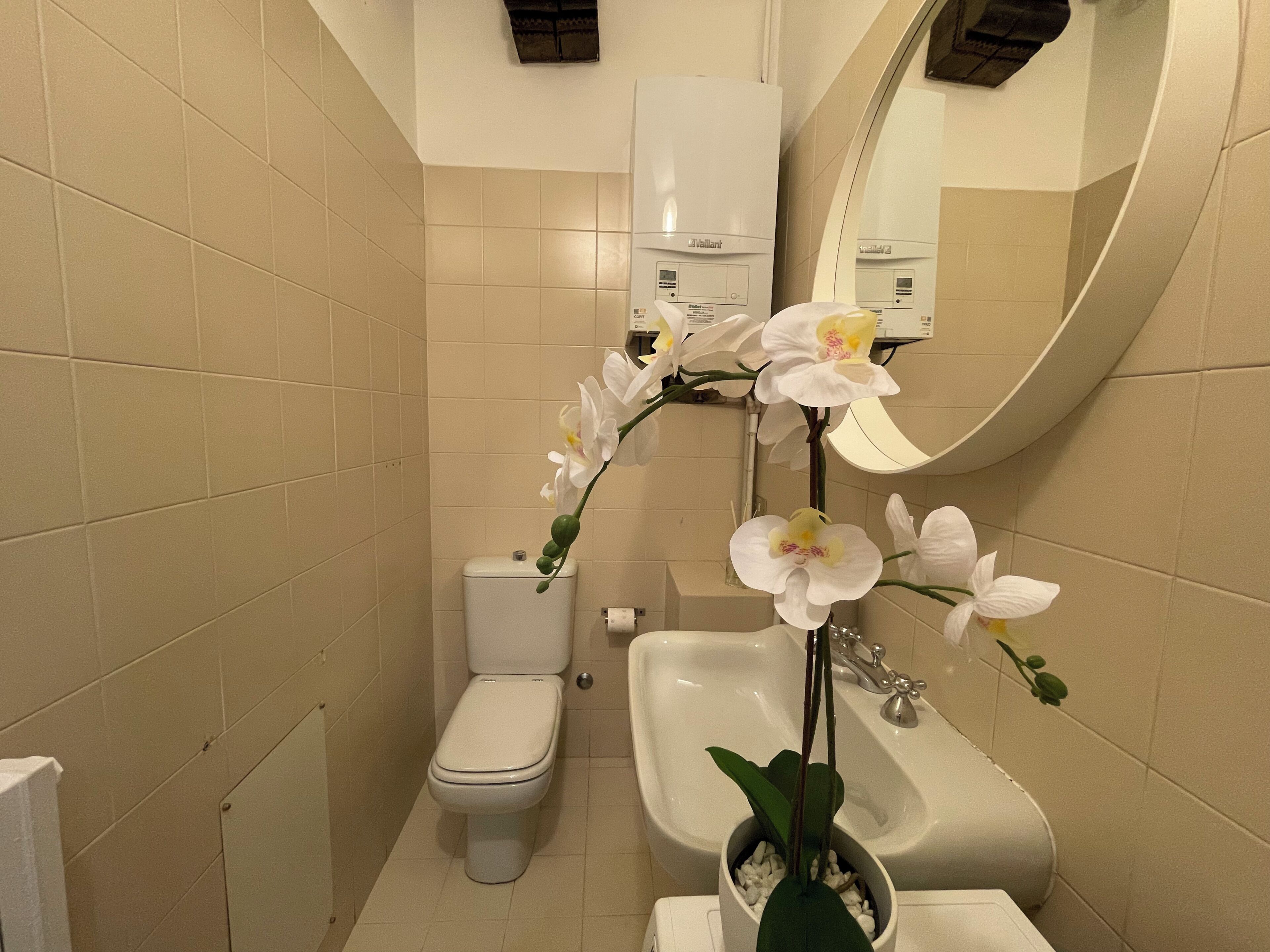 Ein Badezimmer mit Toilette, Waschbecken und Spiegel.