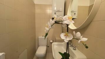 Ein Badezimmer mit Toilette, Waschbecken und Spiegel.