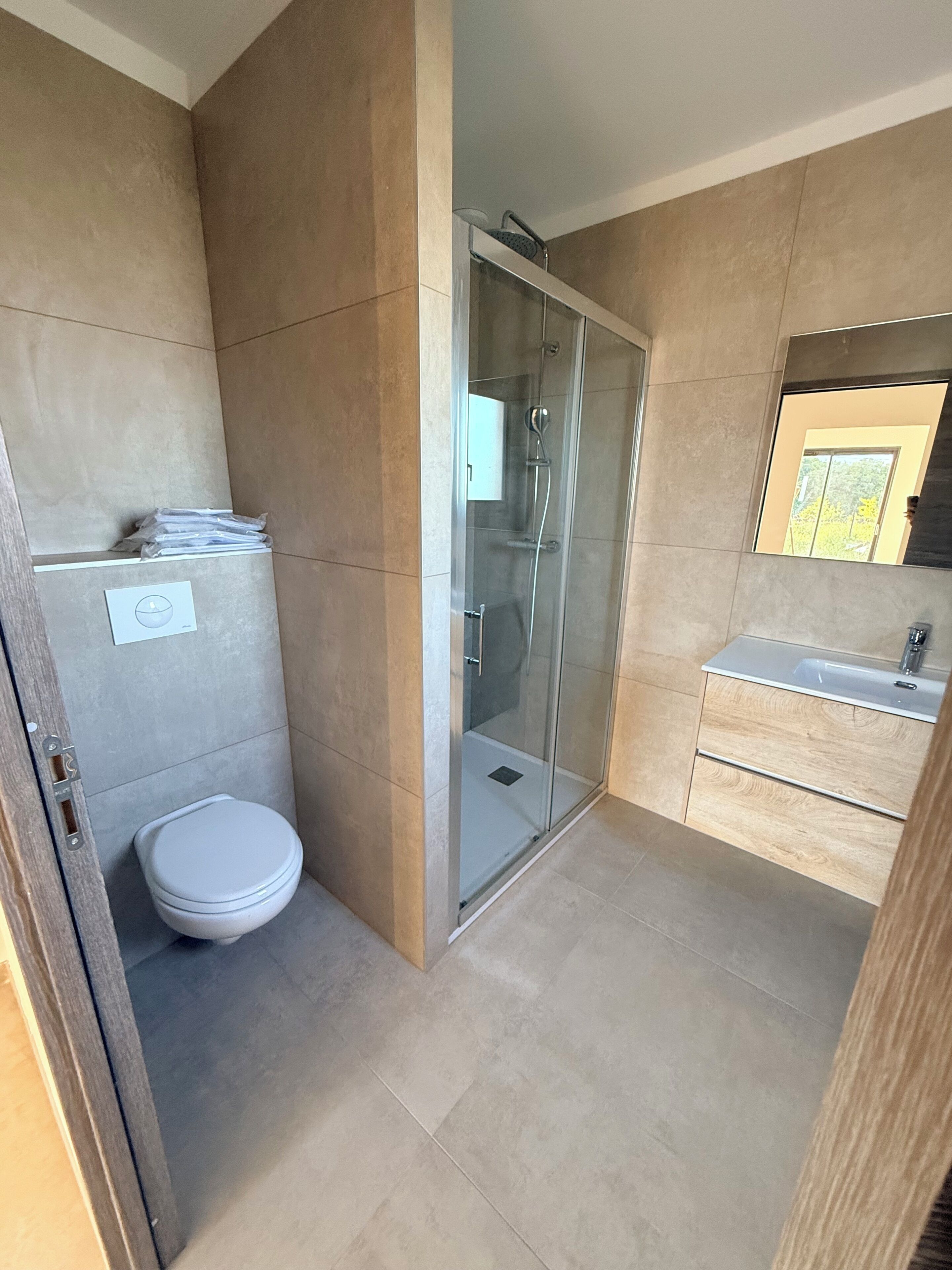 A modern bathroom with a glass shower enclosure, a toilet, and a vanity with a mirror.