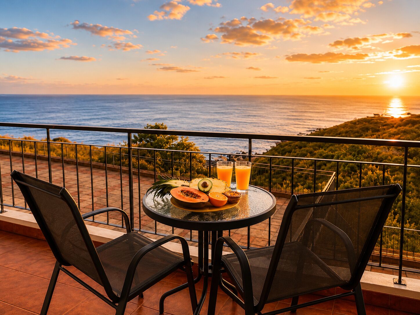 A terrace with a table set for two, overlooking a sunset over the sea.