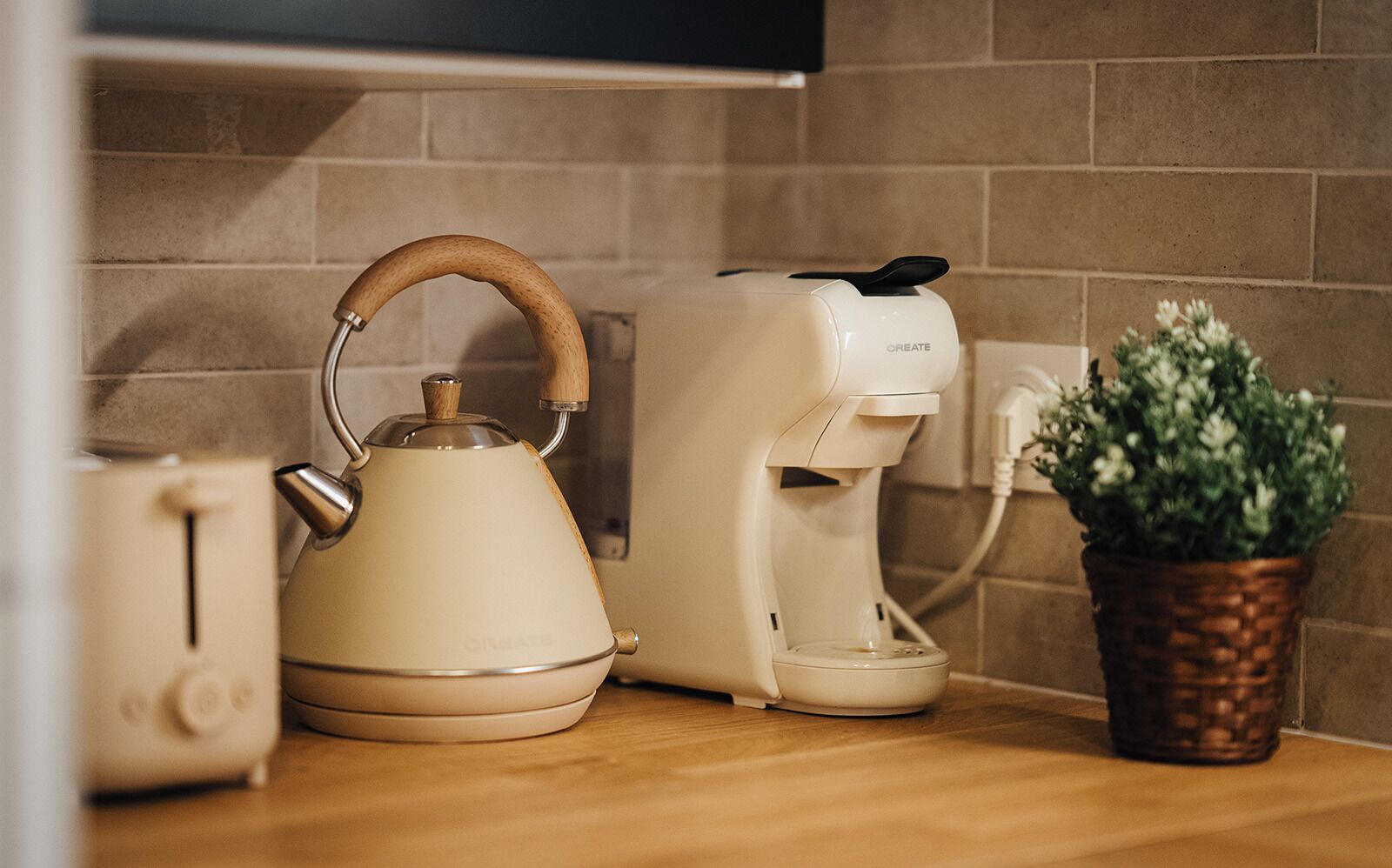 Una encimera de cocina con una tetera, una cafetera y una planta en maceta.