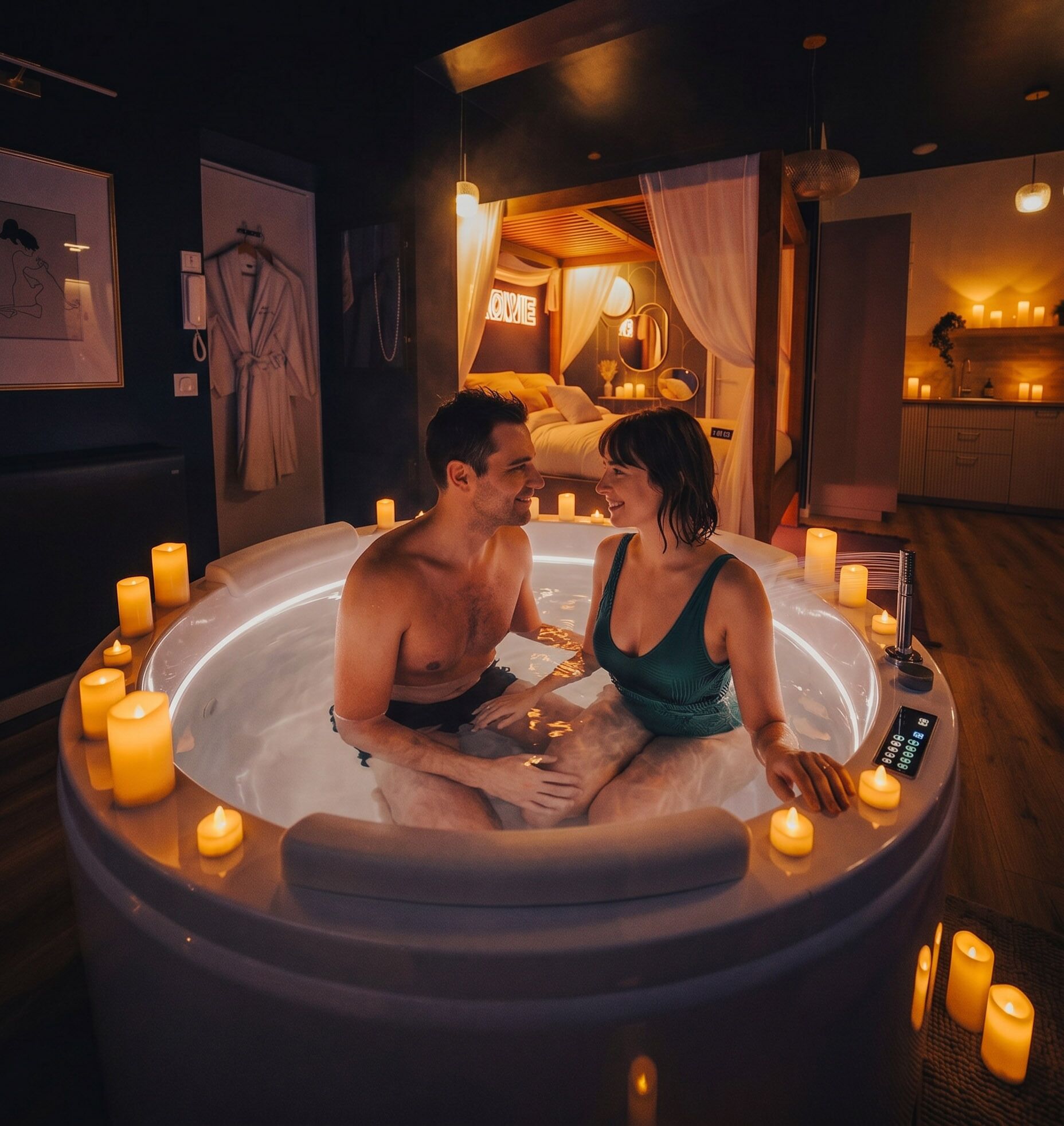 Un couple dans un bain à remous, entouré de bougies, dans une pièce chaleureuse avec un lit et une salle de bain en arrière-plan.