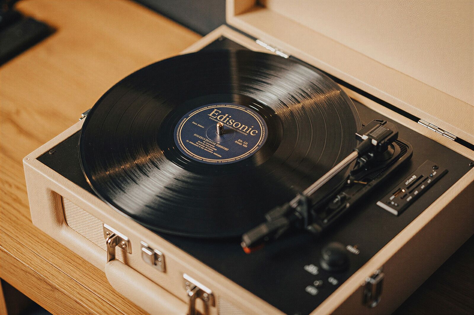 A vinyl record on a turntable inside a wooden case.