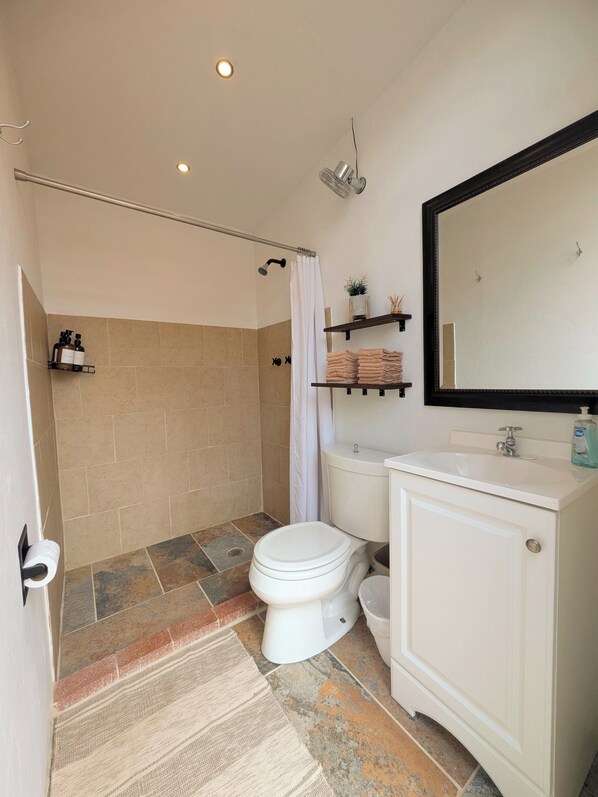 Une salle de bain équipée d’une douche, de toilettes, d’un lavabo et d’un miroir.