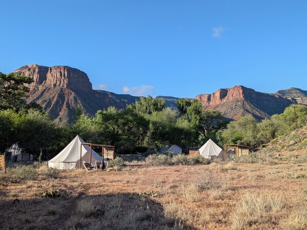 A campsite with tents and a wooden cabin, surrounded by dry grass and trees, with mountains in the background.