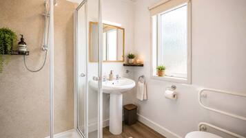 Shower, hair dryer, towels, shampoo