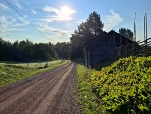 A rural road leading to a wooden structure with a fence, surrounded by greenery and trees.