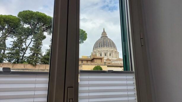 Une vue à travers une fenêtre avec des stores, mettant en scène un grand bâtiment doté d’un dôme et un arbre au premier plan.