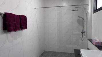 Hair dryer, towels, soap, toilet paper