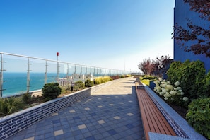 A paved walkway with a glass railing overlooking the sea, accompanied by greenery and a clear sky.