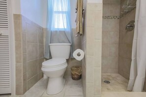 Regadera, secadora de cabello, toallas, papel de baño 