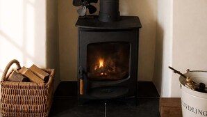 A fireplace with a black stove, a framed botanical print above it, and a wicker basket to the left. - The Captains Penwerris - By Rowes Retreats (Falmouth)