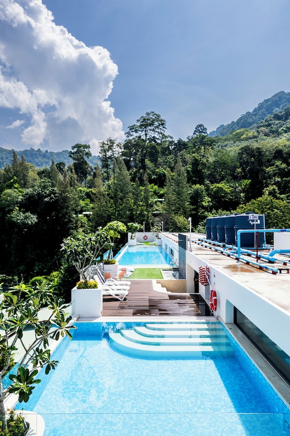 Ein Pool mit Bergblick, umgeben von viel Grün.