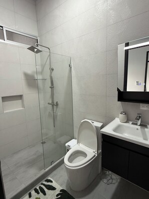 Shower, towels, soap, toilet paper