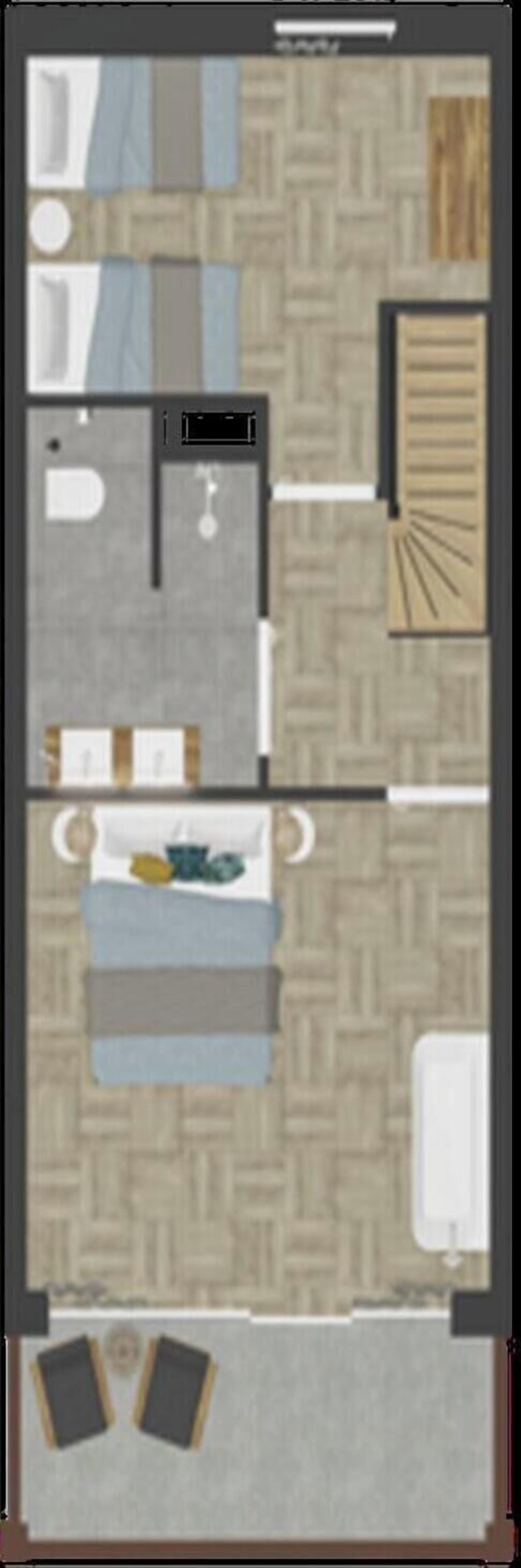 A hotel room layout with a bed, a desk, a chair, a small table, a sofa, a bathroom, and a closet.