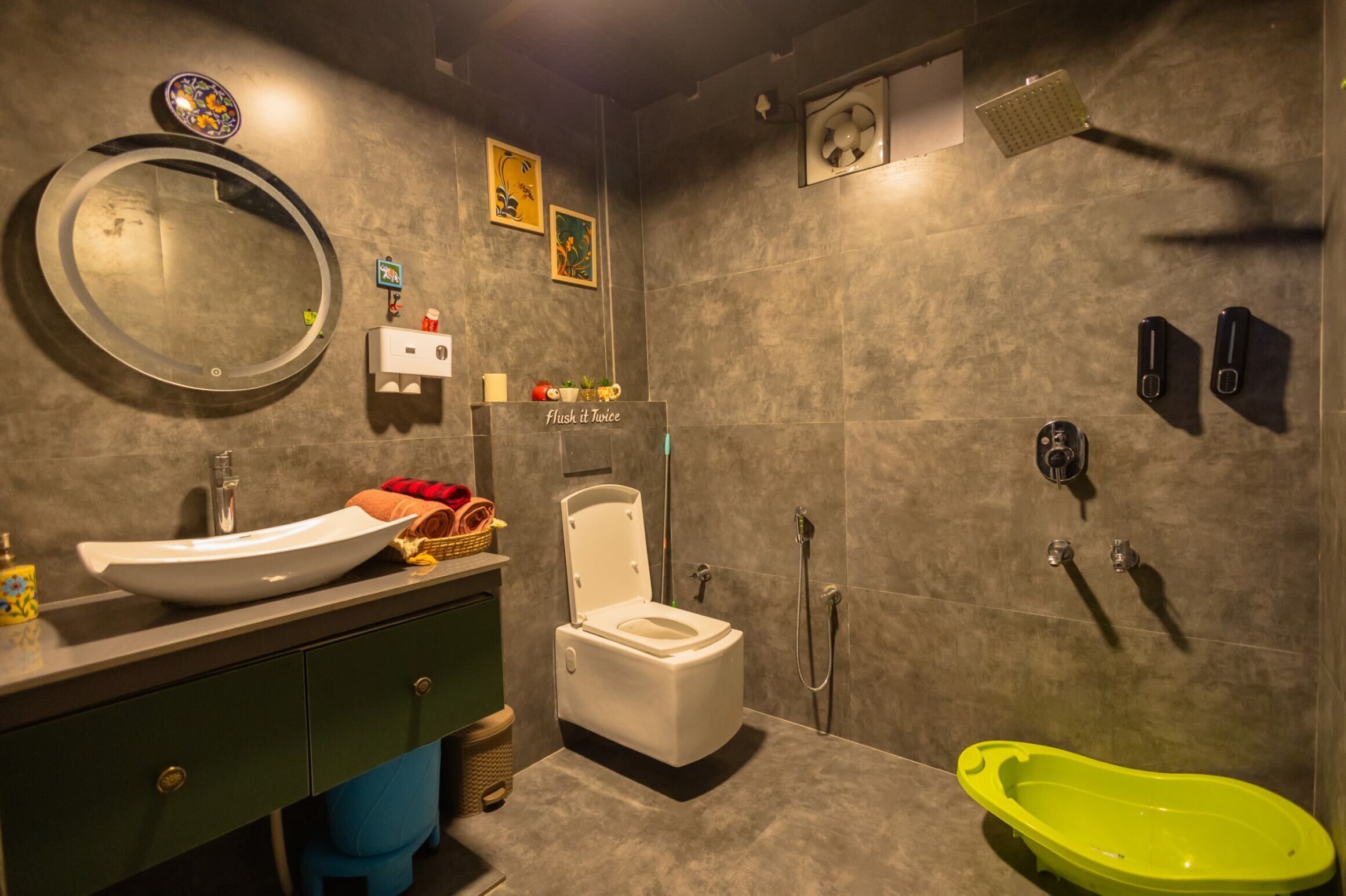 Hair dryer, towels, soap, toilet paper