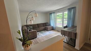 Una sala de estar con sofá, una mesa de comedor, una planta y una ventana con cortinas.