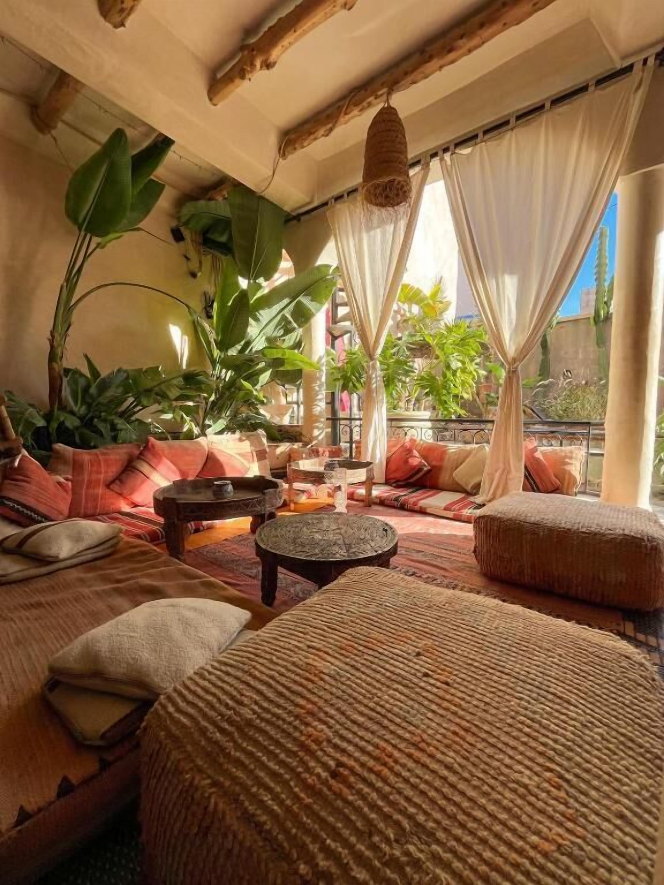 Uma sala de estar aconchegante com sofá, puf e mesa de centro, rodeada por plantas e cortinas.
