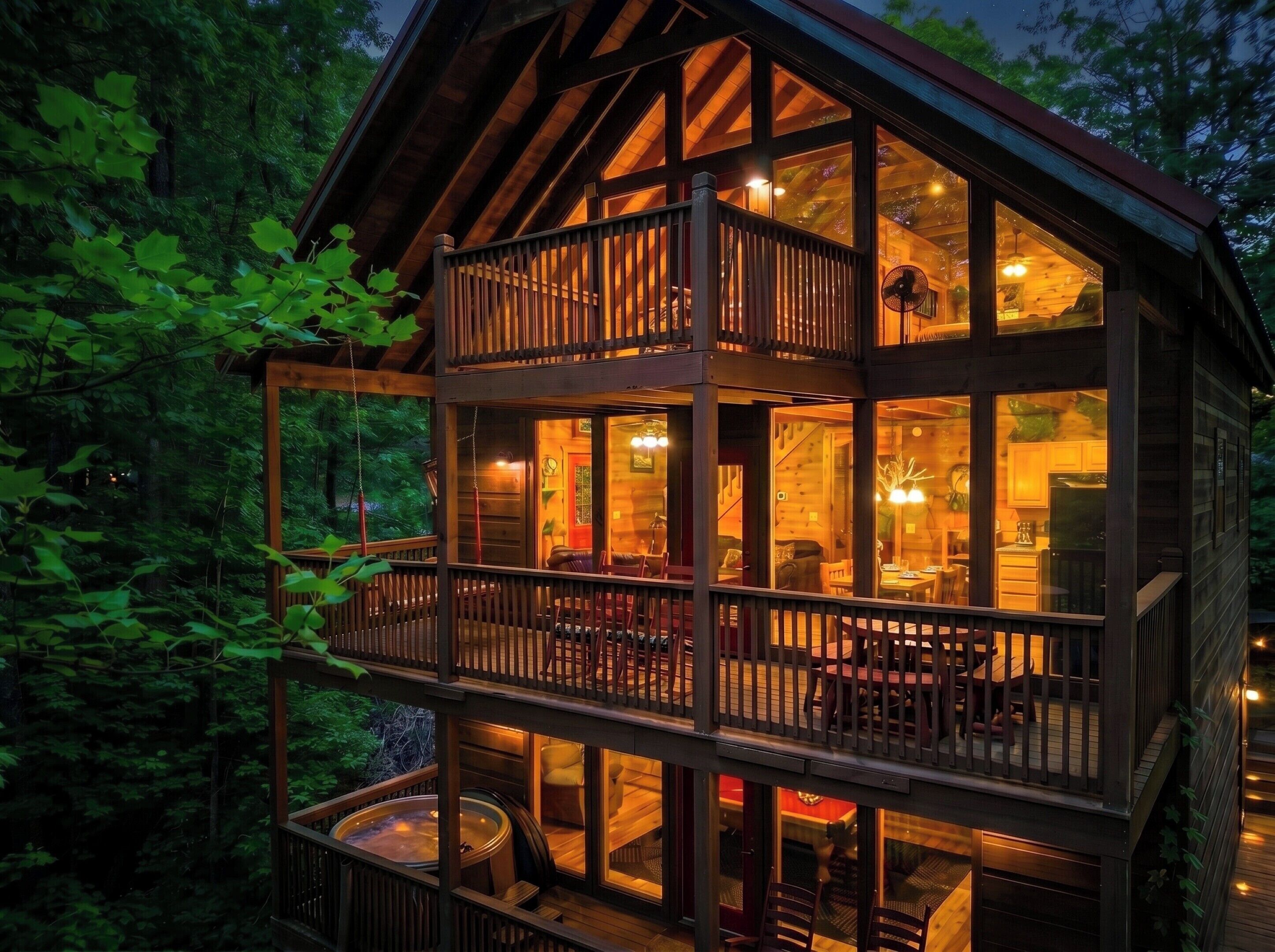 A multi-level wooden cabin with a balcony, large windows, and a hot tub.