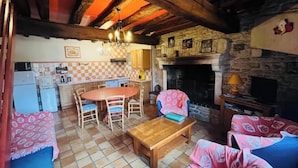 Un salon chaleureux avec une cheminée, un coin repas avec une nappe à carreaux et une cuisine avec un mur en pierre.
