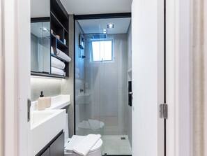Hair dryer, towels, soap, toilet paper