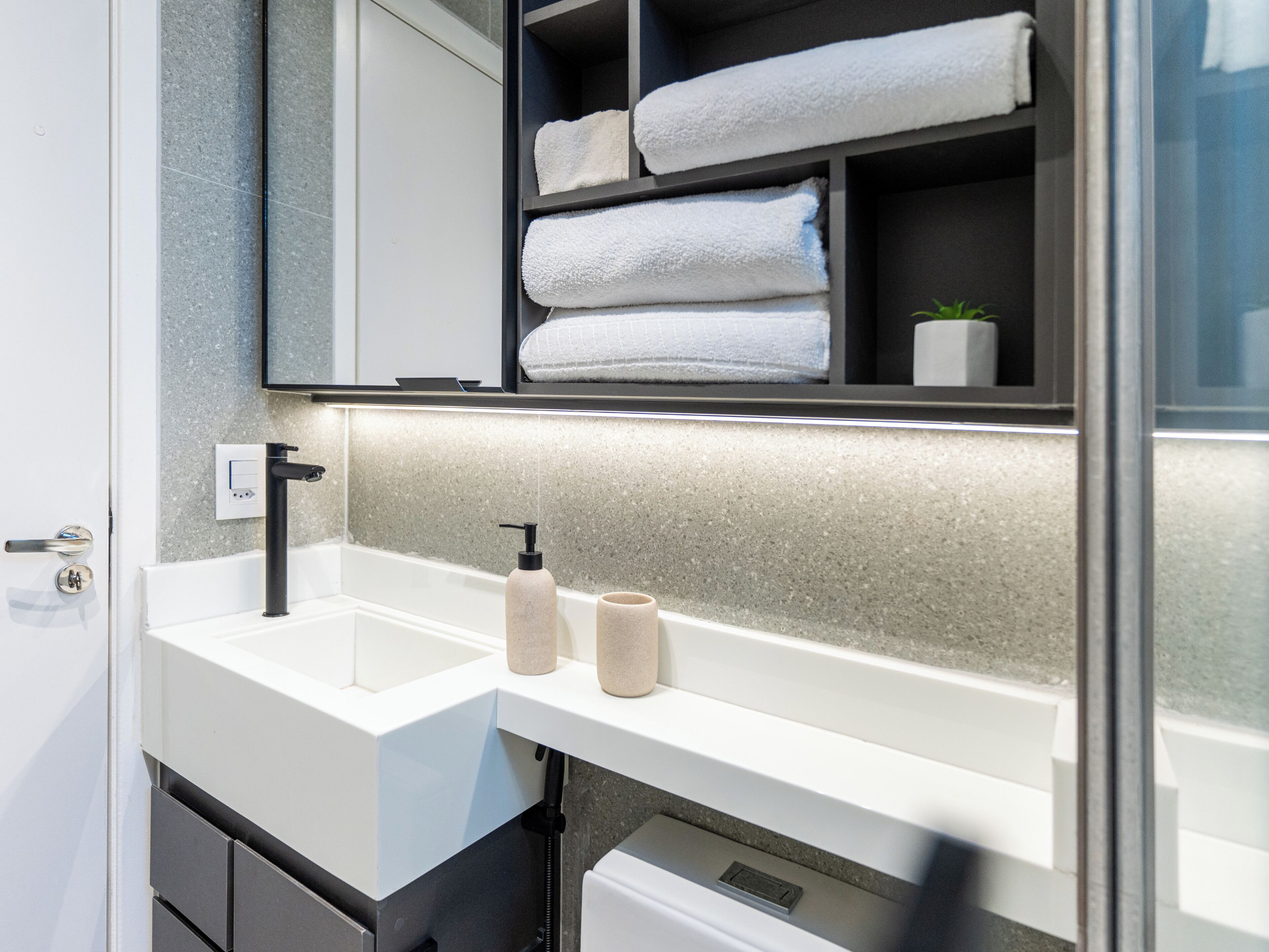Hair dryer, towels, soap, toilet paper