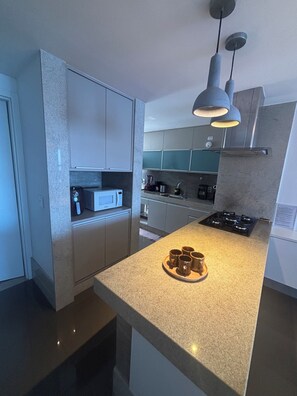 A modern kitchen with a granite countertop, stainless steel appliances, and a pendant light. - Beachfront apartment with a spectacular view of Flexas beach!! (Niterói)