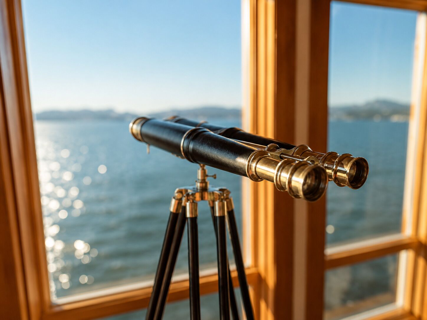 Un télescope posé sur un trépied près d’une fenêtre, avec vue sur l’eau.