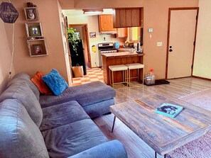 Smart TV, fireplace, video games, DVD player