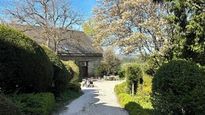 Un camí de grava que condueix a un edifici amb teulada tradicional, envoltat de vegetació exuberant i arbres florits.