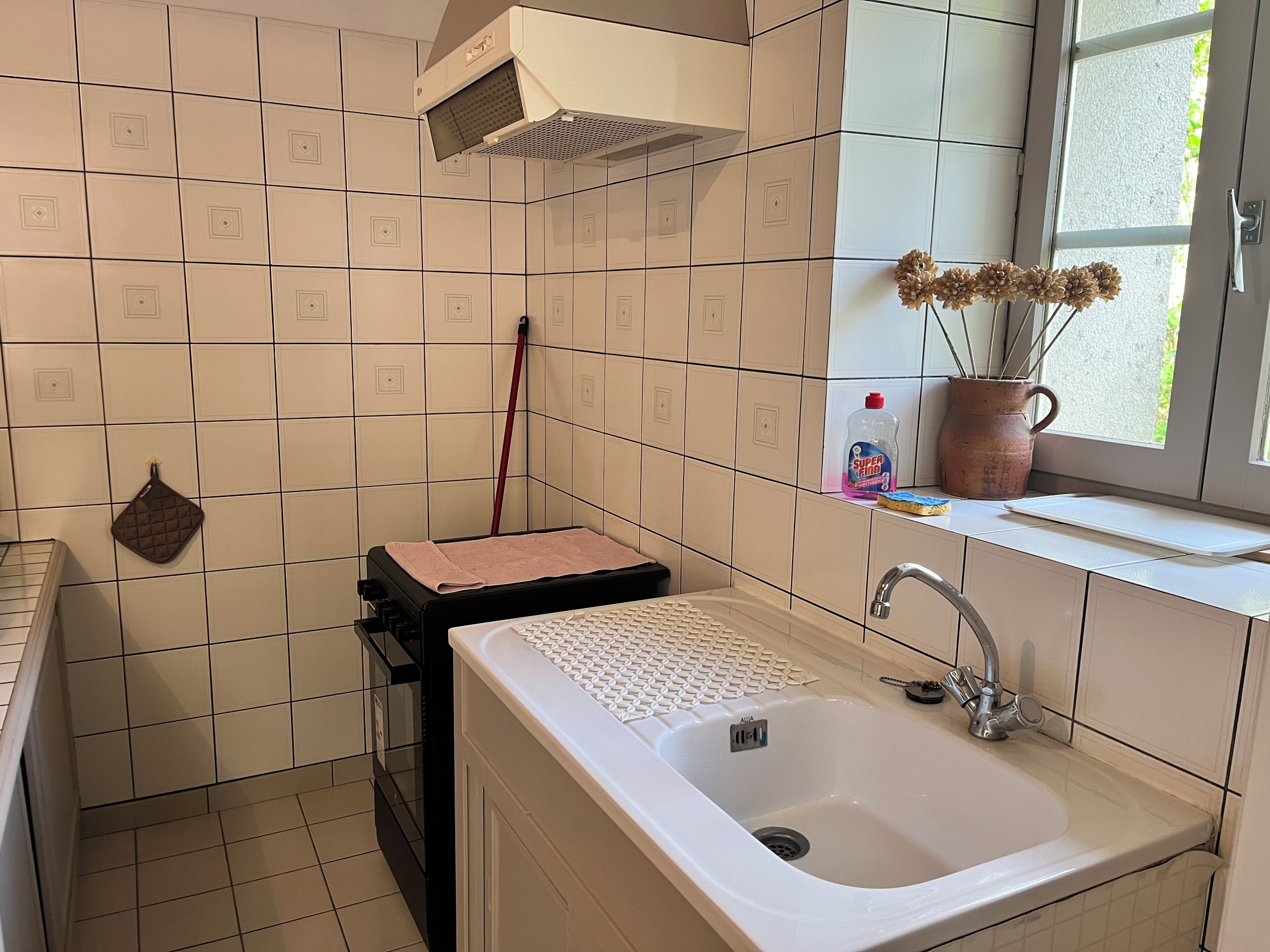 Ett badrum med ett vitt handfat, ett fönster med utsikt, en mopp och en papperskorg.