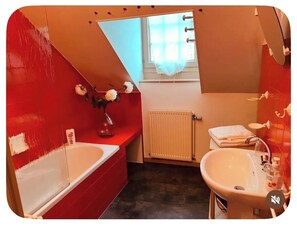 Douche, sèche-cheveux, serviettes fournies, savon