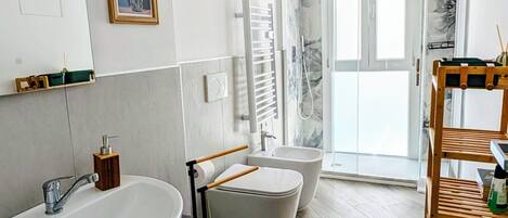 Dusche, Haartrockner, Bidet, Handtücher