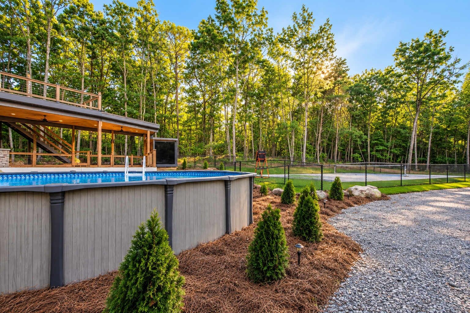 A modern outdoor pool area with a wooden deck and a covered seating area, surrounded by a landscaped garden with pine trees and a gravel path.